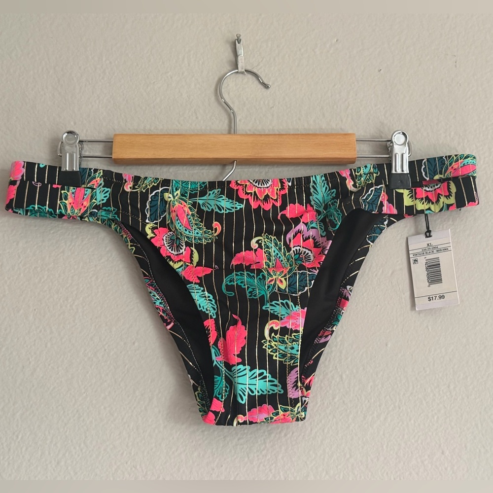 Shade & Shore Black Floral Bikini Bottoms with Neon Pink, Teal & Gold
